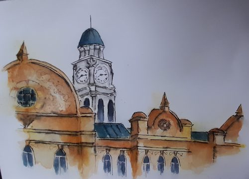 Chrissy F, town hall clock tower, watercolour & pen & ink.